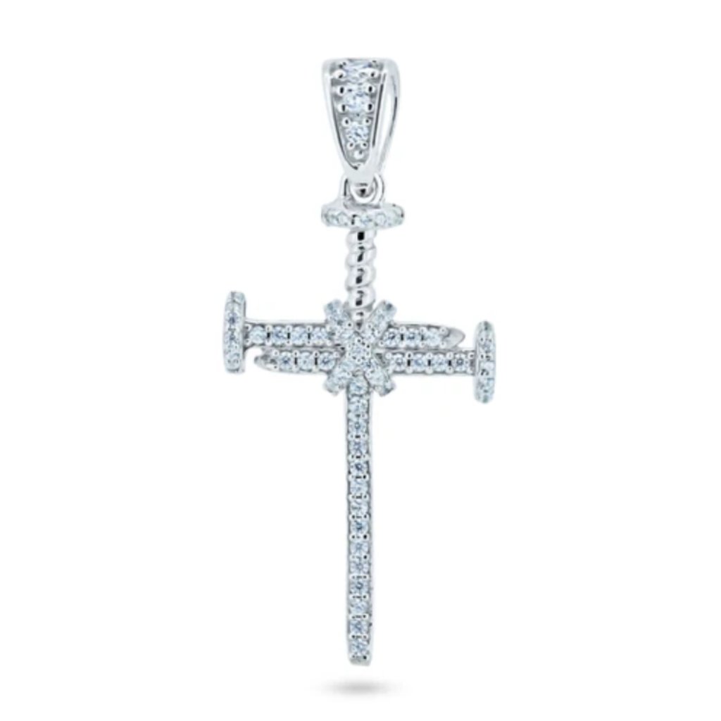 Sterling Silver 925 Rhodium Plated Cz Small Nail Cross Pendant
